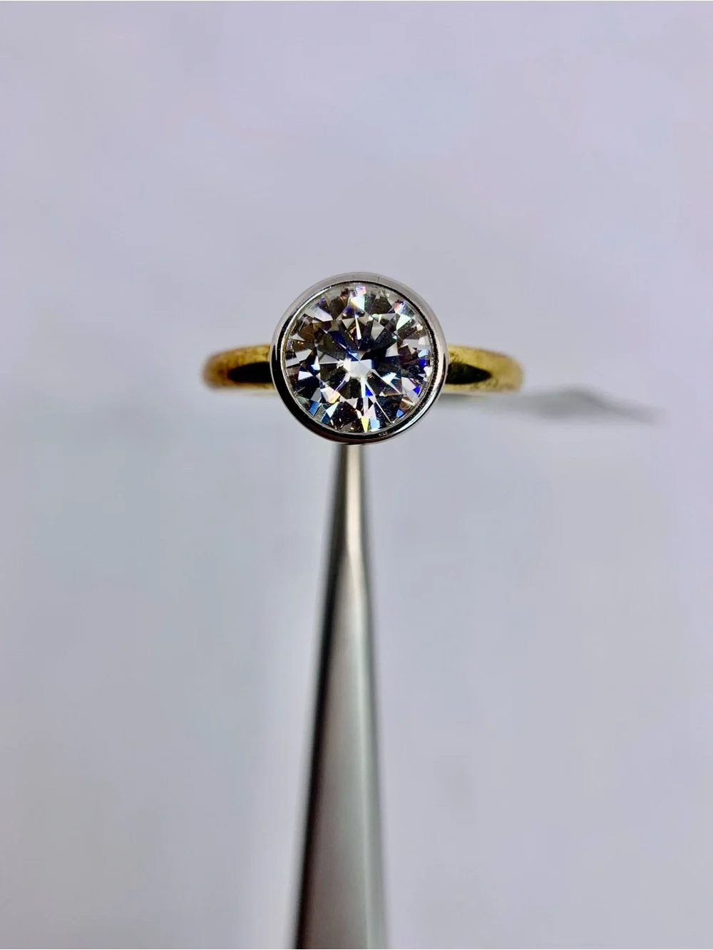 Yellow - White Gold Two Tone Bezel Moissanite Ring Brilliant Round Cut GRA 2 Ct